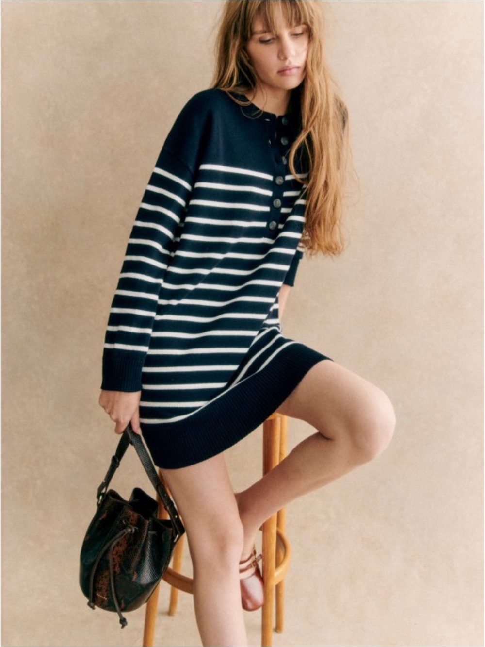 SEZANE Navy Blue & Ecru Striped Long Sleeve Oversized Evelyn Wool Sweater Dress